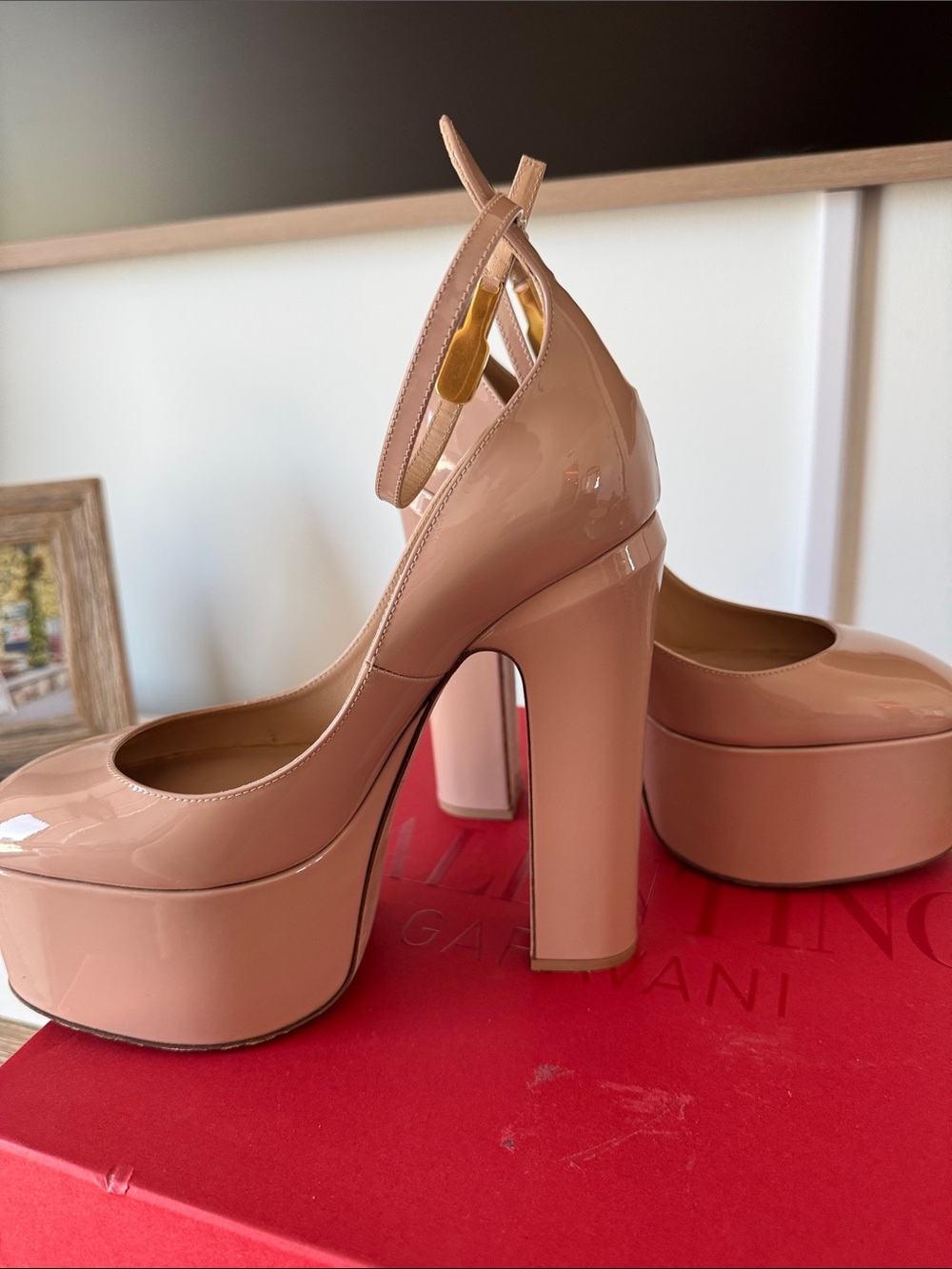 Valentino Garavani Blush Nude Leather Platform Pumps with Ankle Strap - Picture 8 of 10